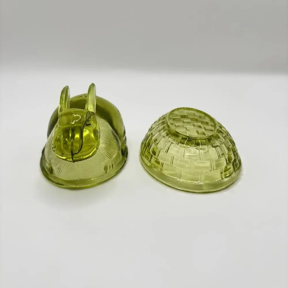 Bunny Rabbit On Nest Dish Vintage Green Glass Lidded Decorative Collectible